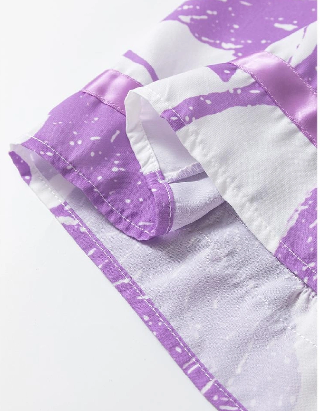 Purple Leafy Print 3/4 Sleeve Striped Trim Split Neck Blouse