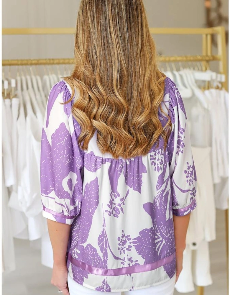 Purple Leafy Print 3/4 Sleeve Striped Trim Split Neck Blouse