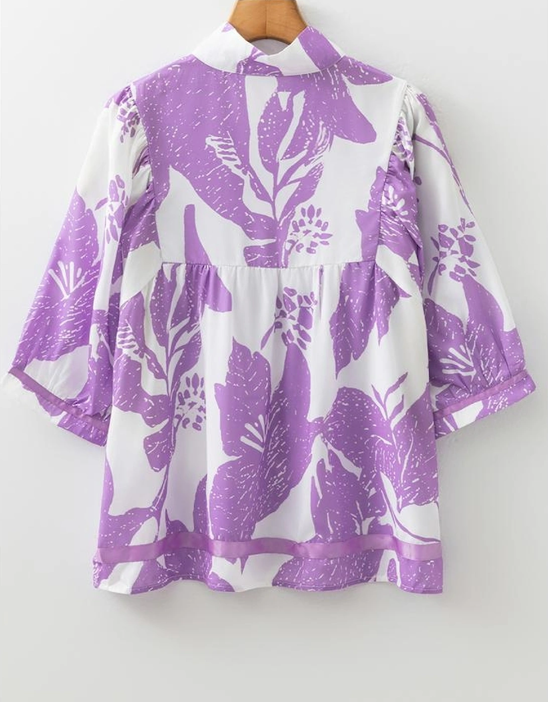 Purple Leafy Print 3/4 Sleeve Striped Trim Split Neck Blouse