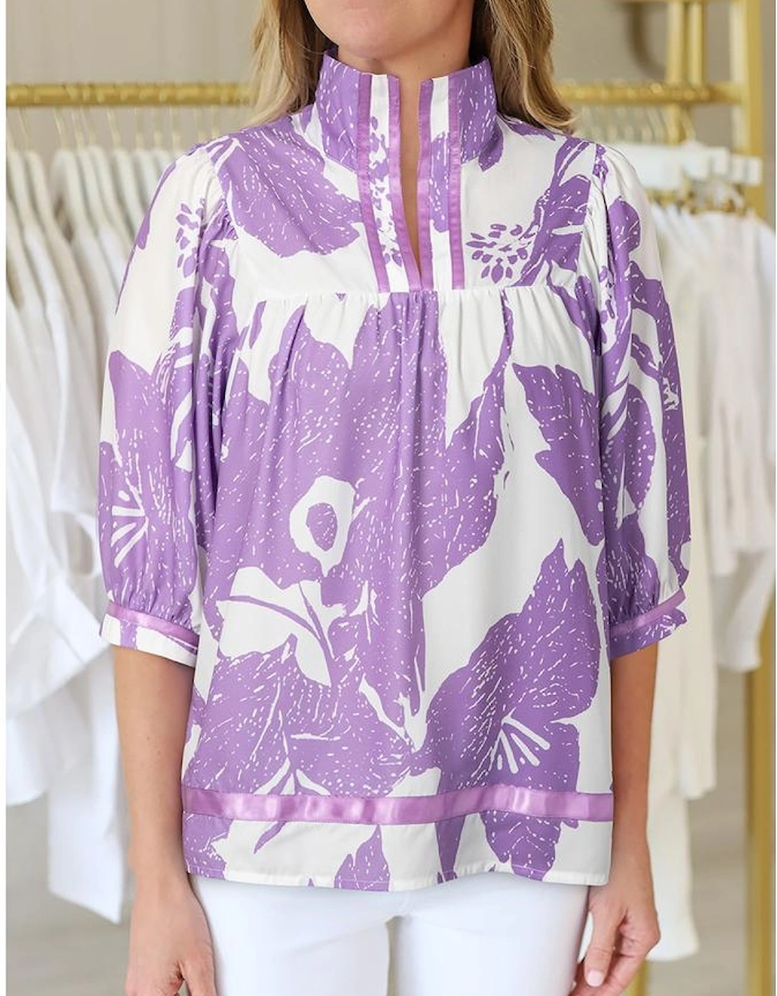 Purple Leafy Print 3/4 Sleeve Striped Trim Split Neck Blouse