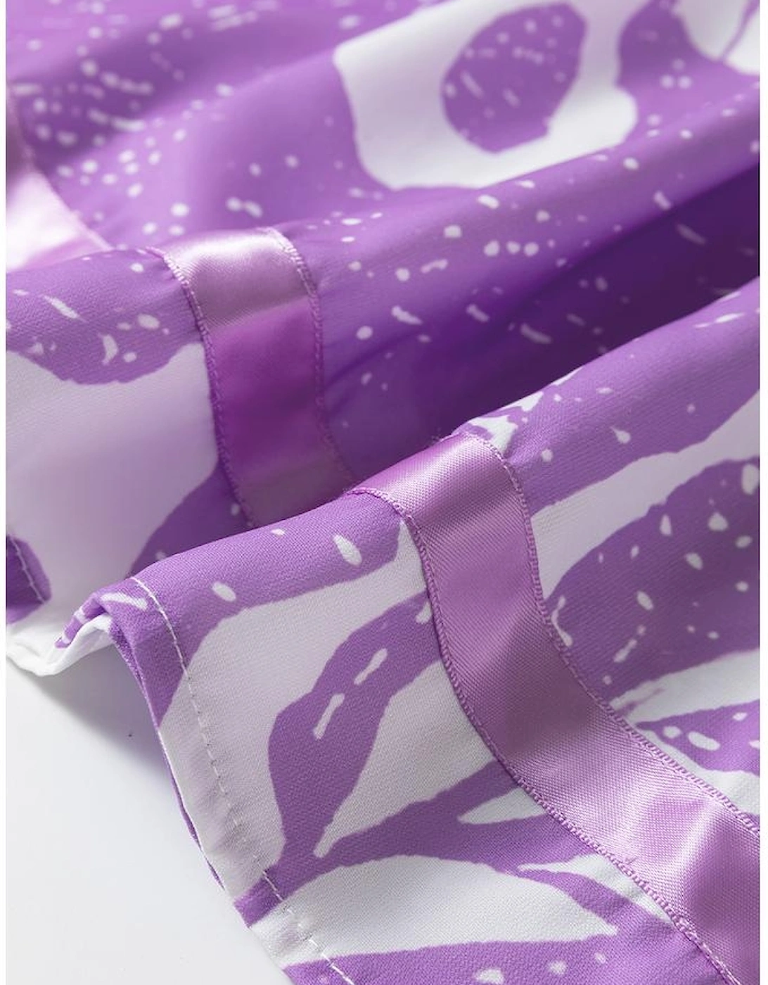 Purple Leafy Print 3/4 Sleeve Striped Trim Split Neck Blouse