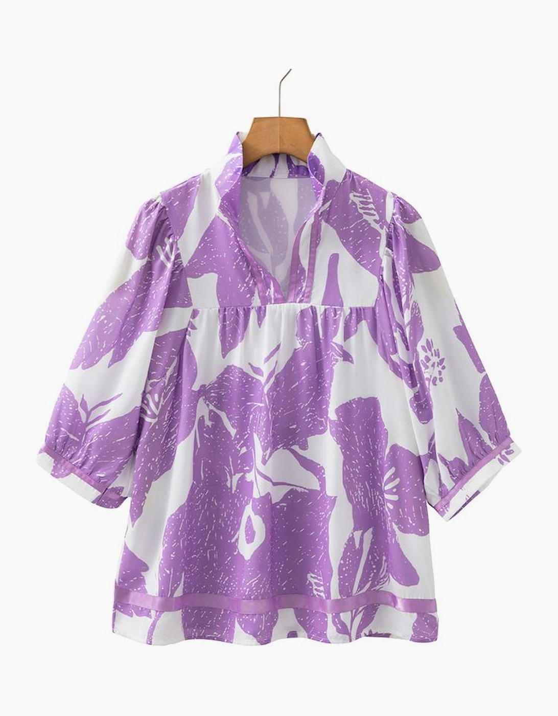 Purple Leafy Print 3/4 Sleeve Striped Trim Split Neck Blouse