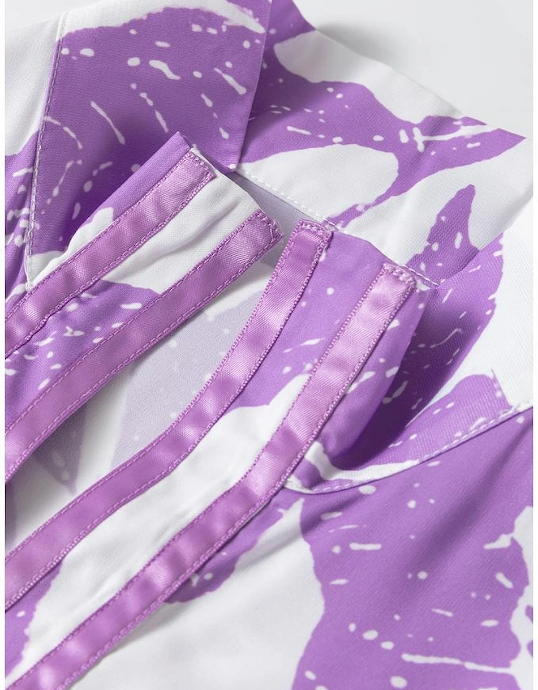 Purple Leafy Print 3/4 Sleeve Striped Trim Split Neck Blouse