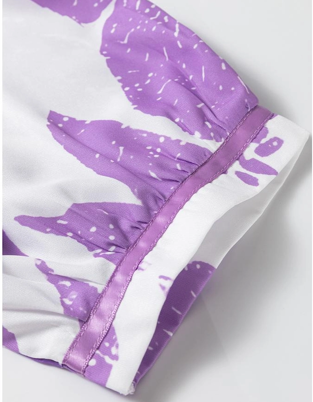 Purple Leafy Print 3/4 Sleeve Striped Trim Split Neck Blouse