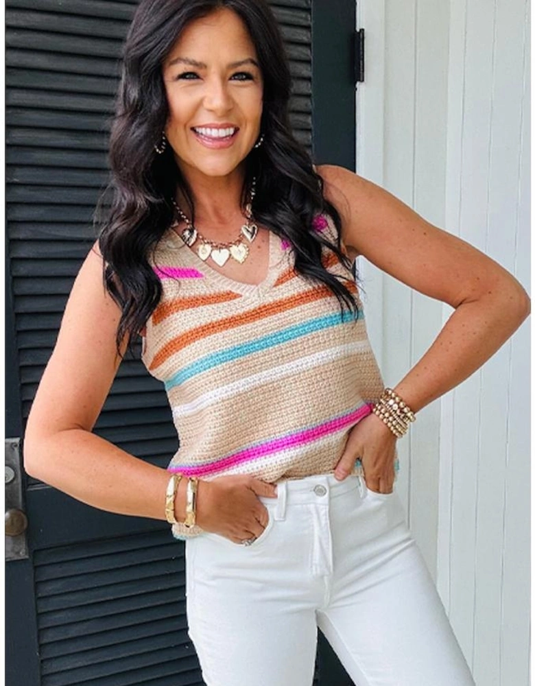 Khaki Stripe Textured Knit V Neck Sweater Vest