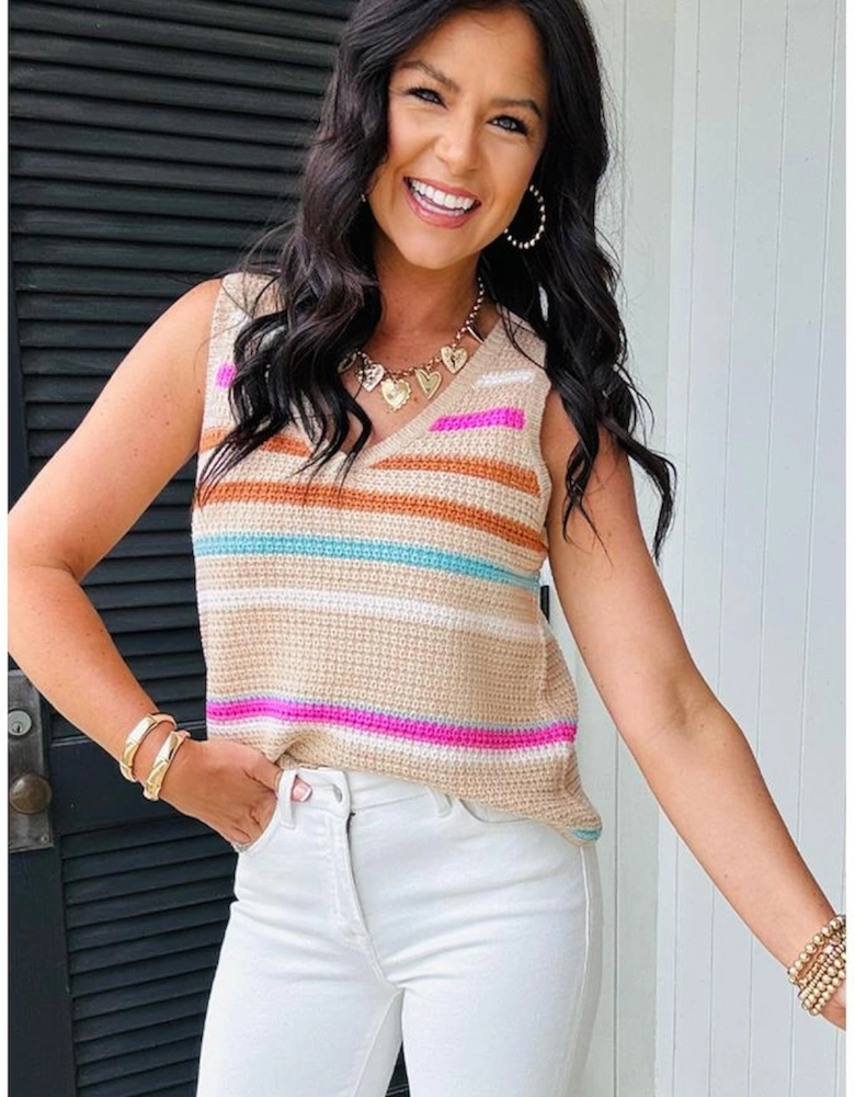 Khaki Stripe Textured Knit V Neck Sweater Vest