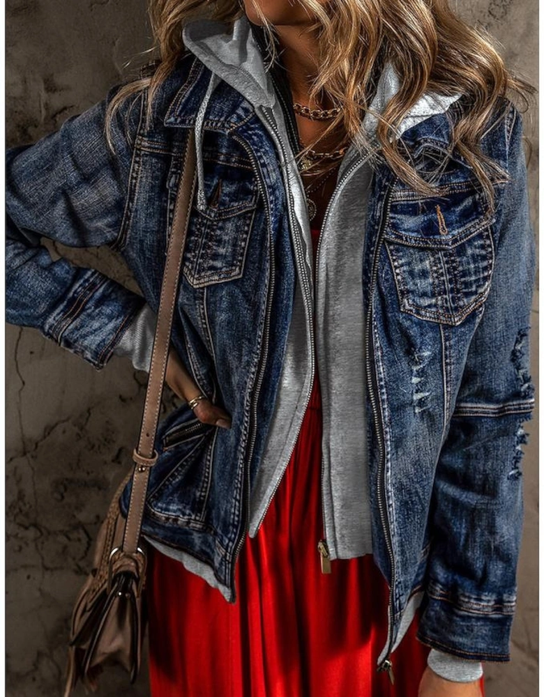 Dark Blue Fake Two-Piece Hooded Zip-Up Denim Jacket