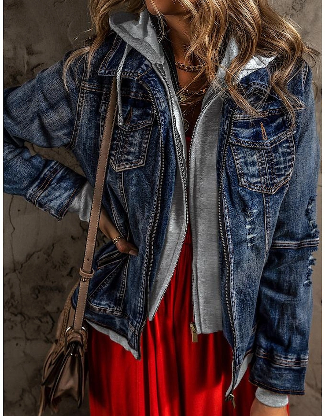 Dark Blue Fake Two-Piece Hooded Zip-Up Denim Jacket