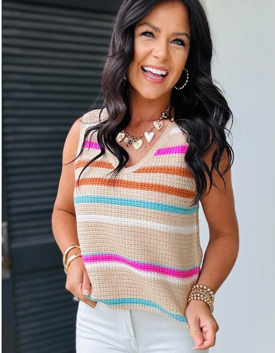 Khaki Stripe Textured Knit V Neck Sweater Vest