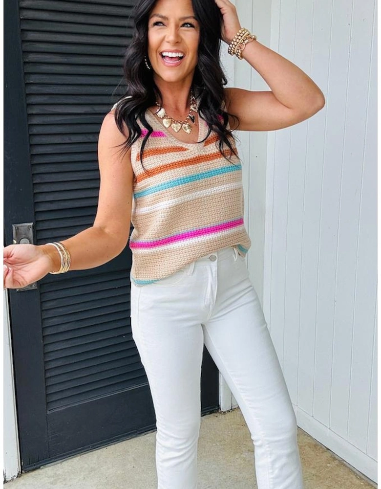 Khaki Stripe Textured Knit V Neck Sweater Vest