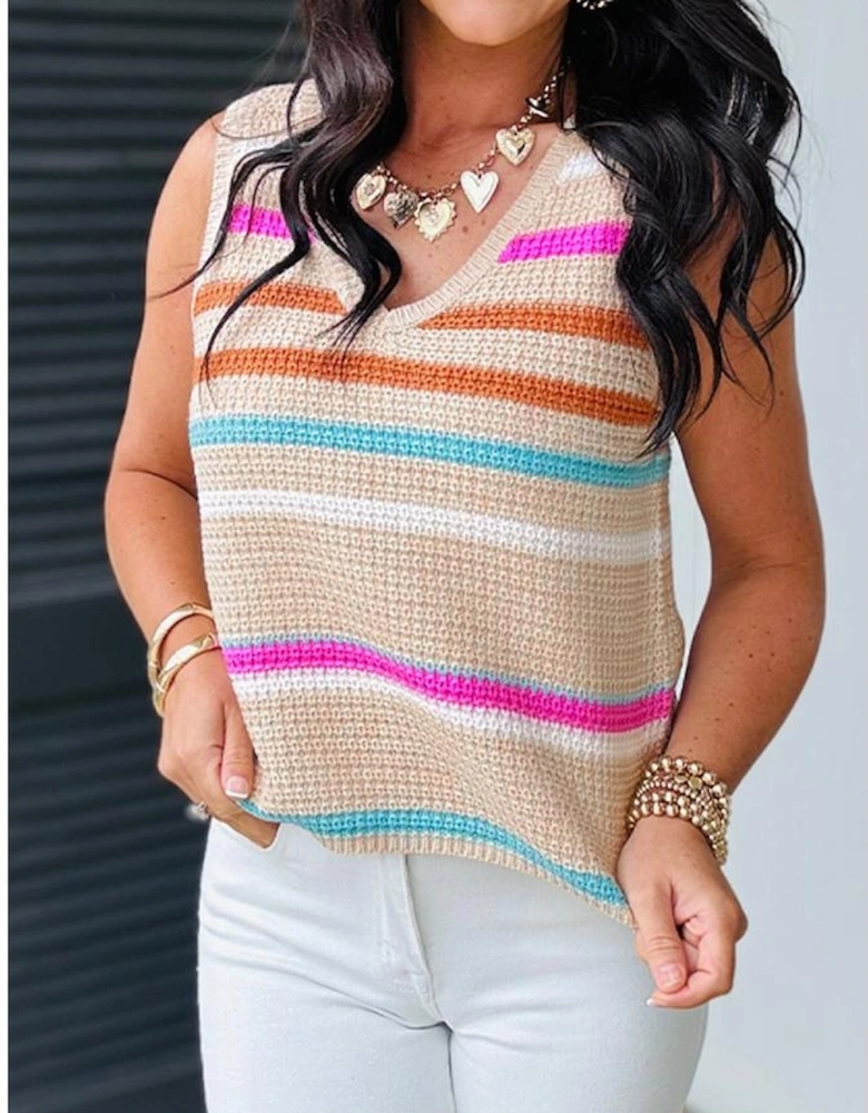 Khaki Stripe Textured Knit V Neck Sweater Vest