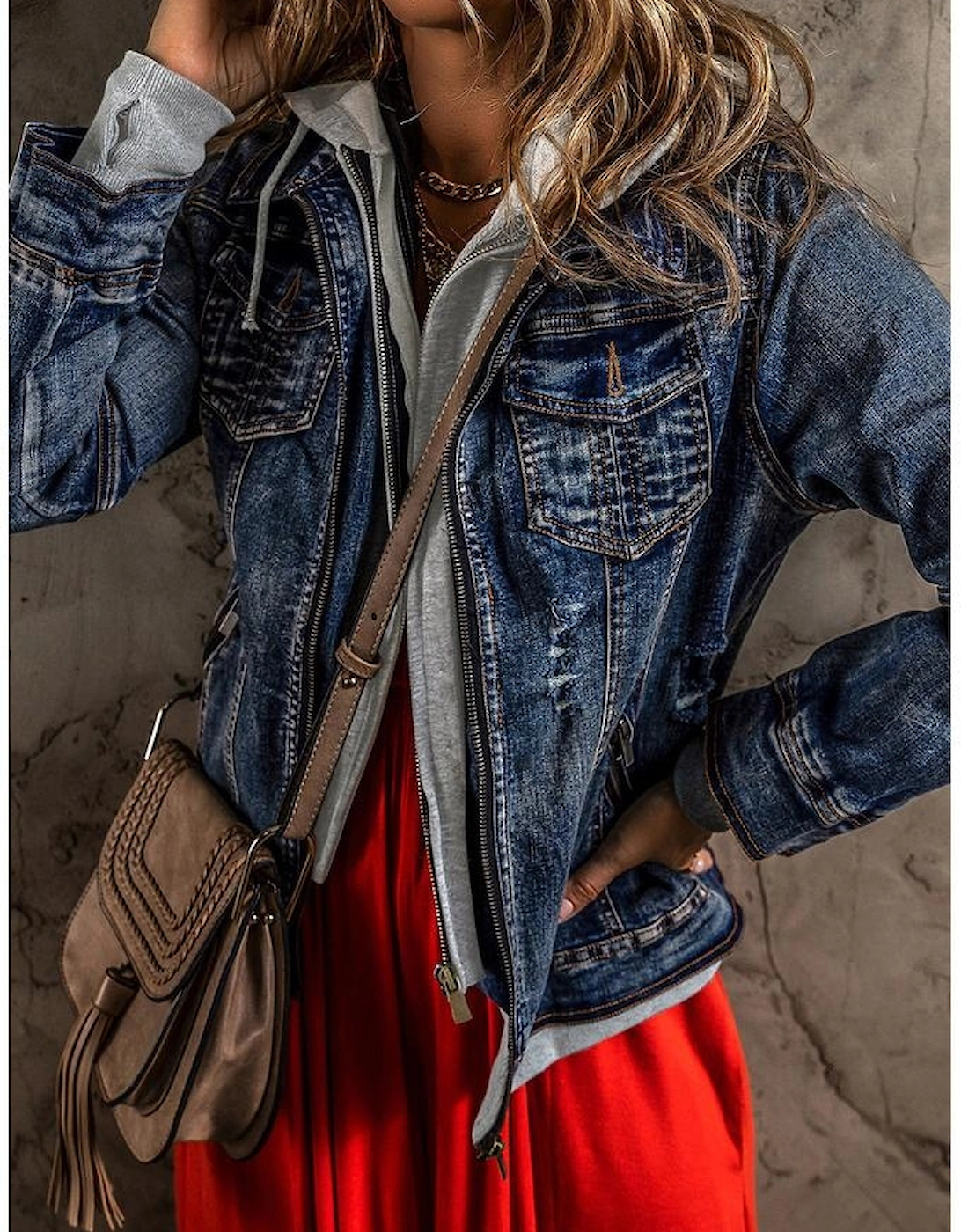 Dark Blue Fake Two-Piece Hooded Zip-Up Denim Jacket