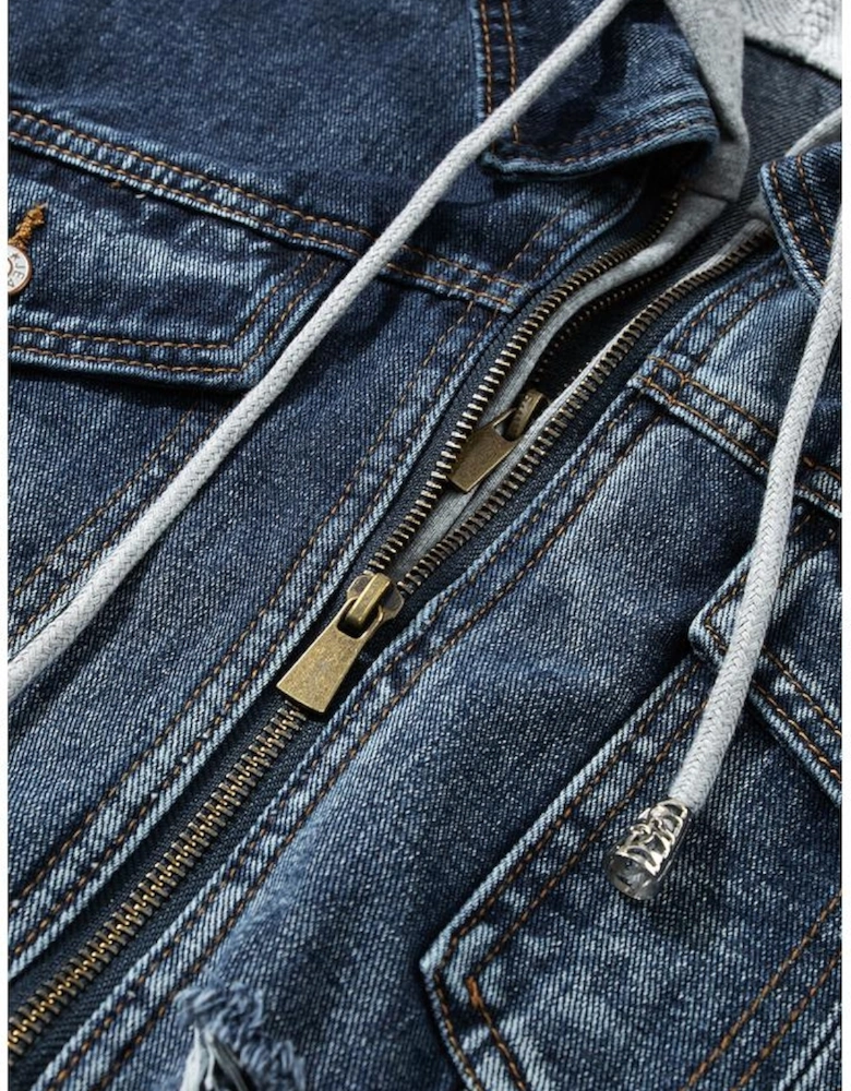Dark Blue Fake Two-Piece Hooded Zip-Up Denim Jacket