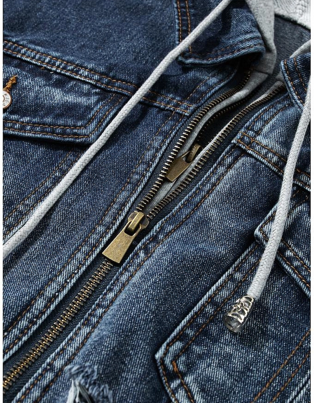 Dark Blue Fake Two-Piece Hooded Zip-Up Denim Jacket