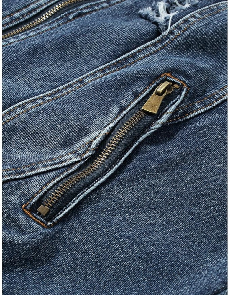 Dark Blue Fake Two-Piece Hooded Zip-Up Denim Jacket