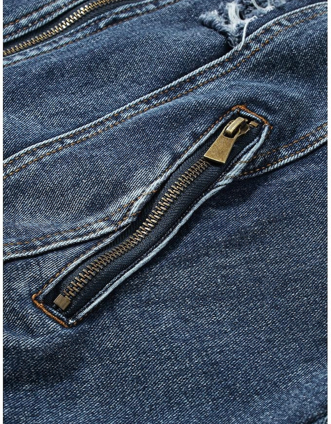 Dark Blue Fake Two-Piece Hooded Zip-Up Denim Jacket