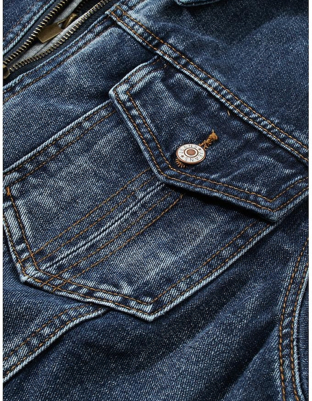 Dark Blue Fake Two-Piece Hooded Zip-Up Denim Jacket