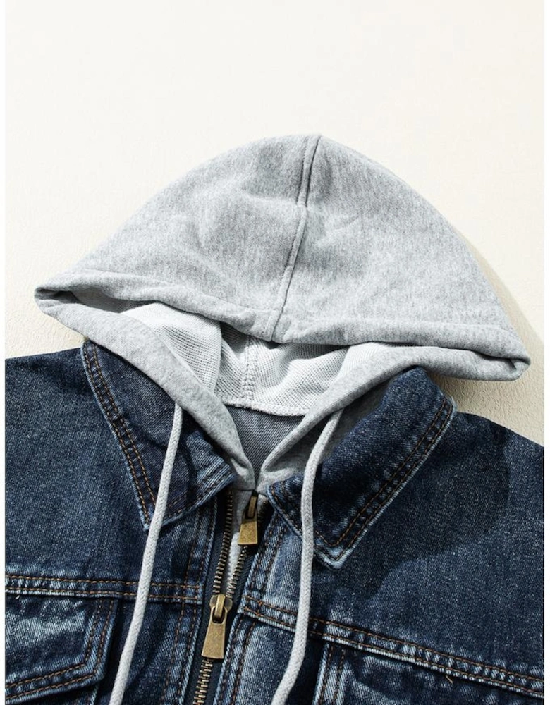 Dark Blue Fake Two-Piece Hooded Zip-Up Denim Jacket