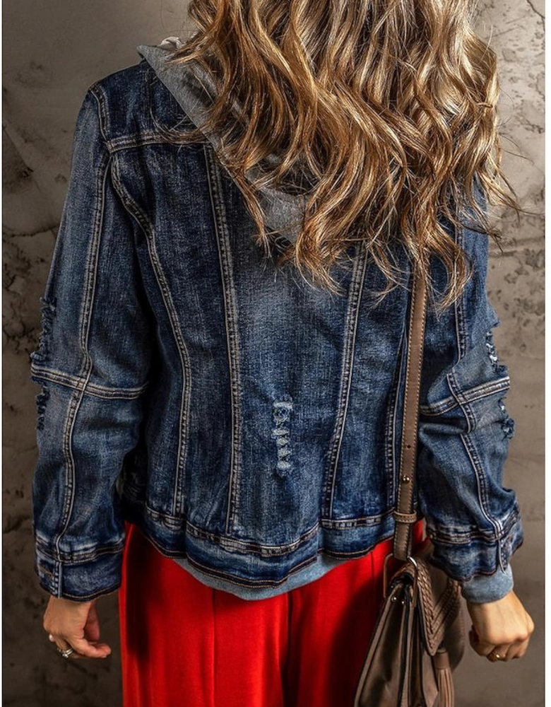 Dark Blue Fake Two-Piece Hooded Zip-Up Denim Jacket