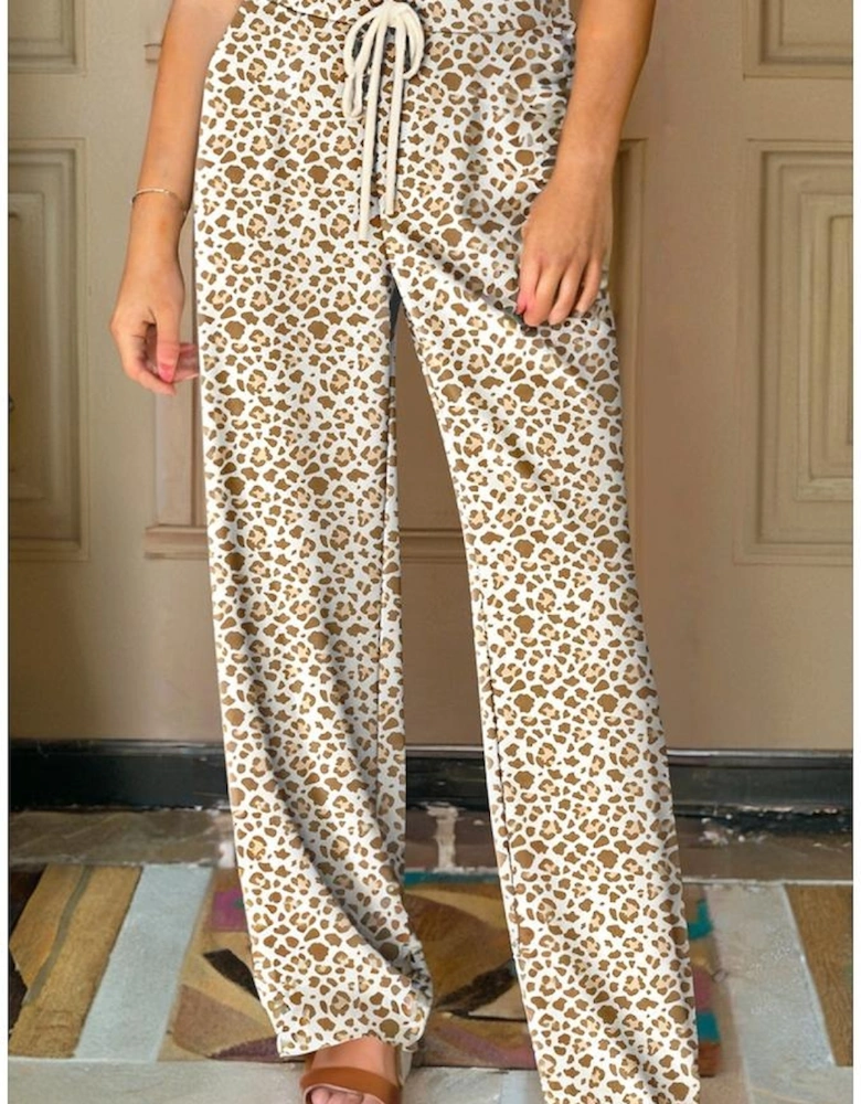 Khaki Leopard Drawstring Elastic Waistband Loose Pants