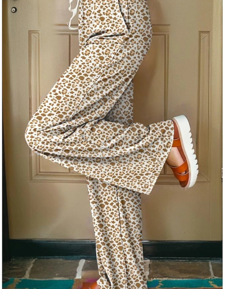Khaki Leopard Drawstring Elastic Waistband Loose Pants