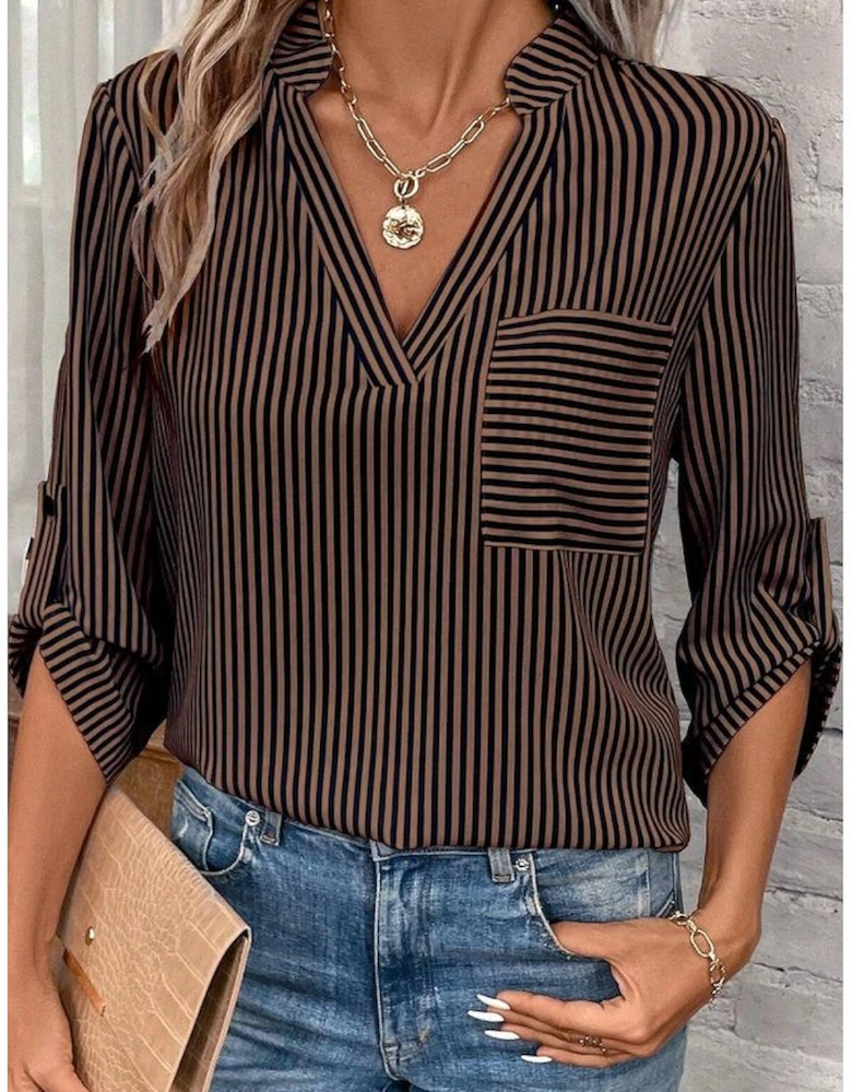 Brown Stripe V Neck Roll Up Sleeve Pocket Patched Classic Shirt