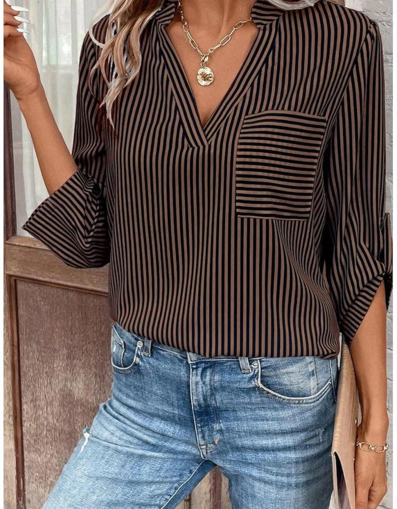 Brown Stripe V Neck Roll Up Sleeve Pocket Patched Classic Shirt