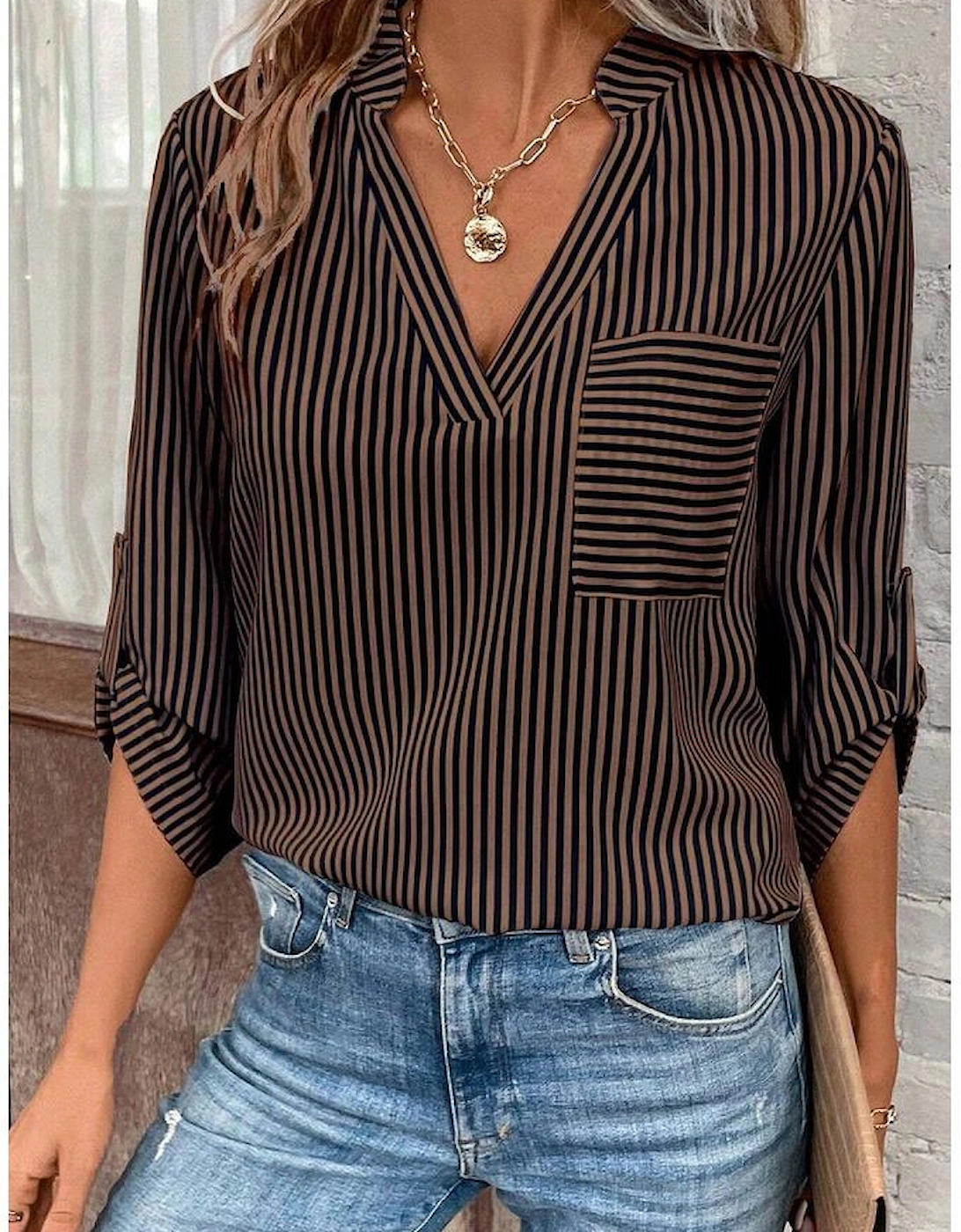 Brown Stripe V Neck Roll Up Sleeve Pocket Patched Classic Shirt