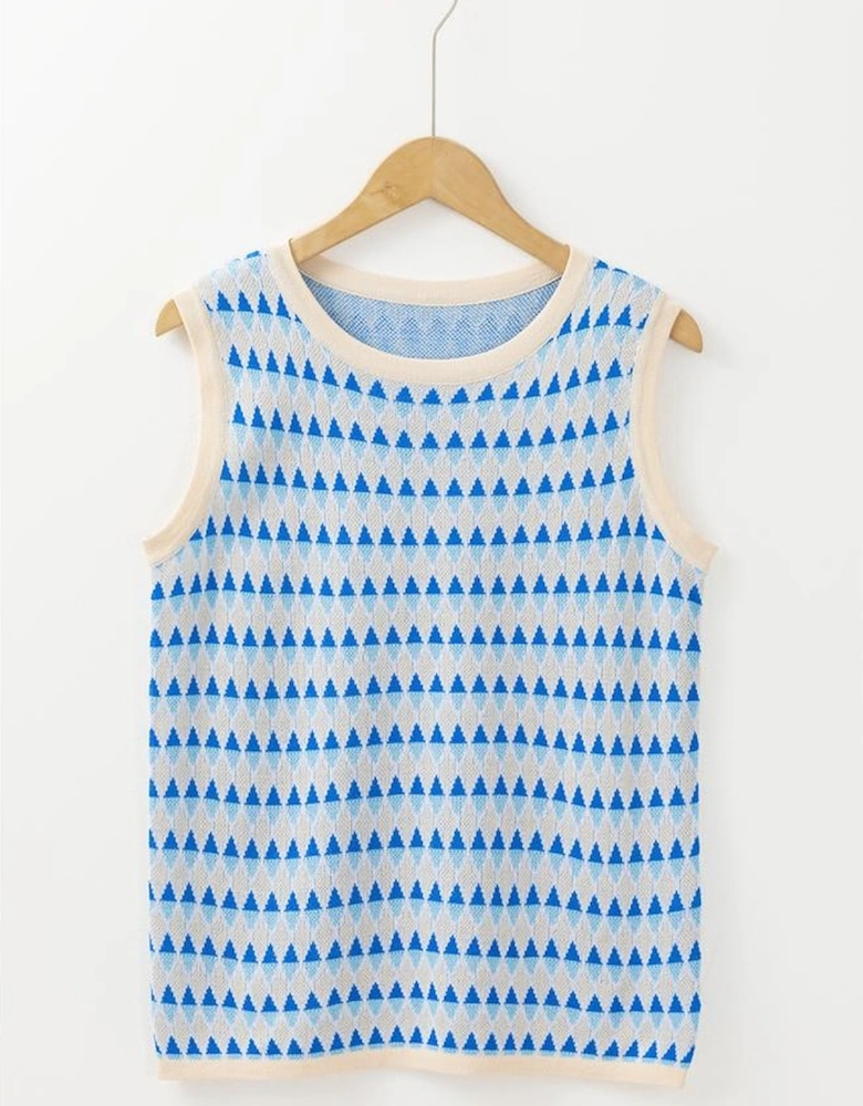 Sky Blue Stripe Geometric Print Round Neck Slim Fit Sweater Vest