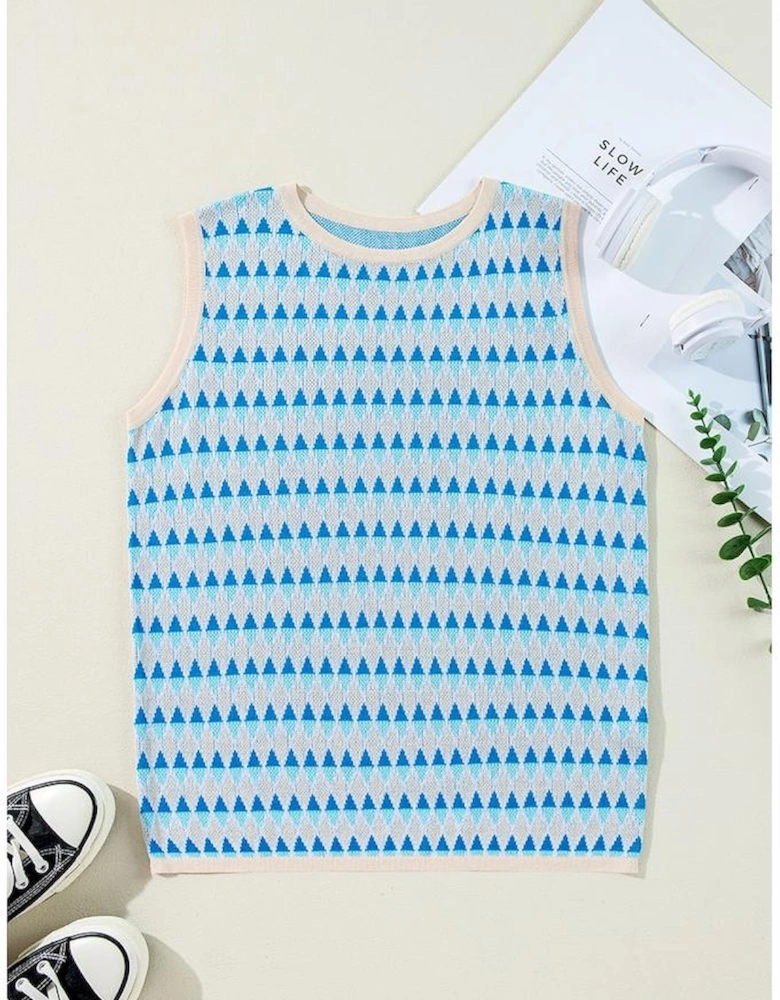 Sky Blue Stripe Geometric Print Round Neck Slim Fit Sweater Vest