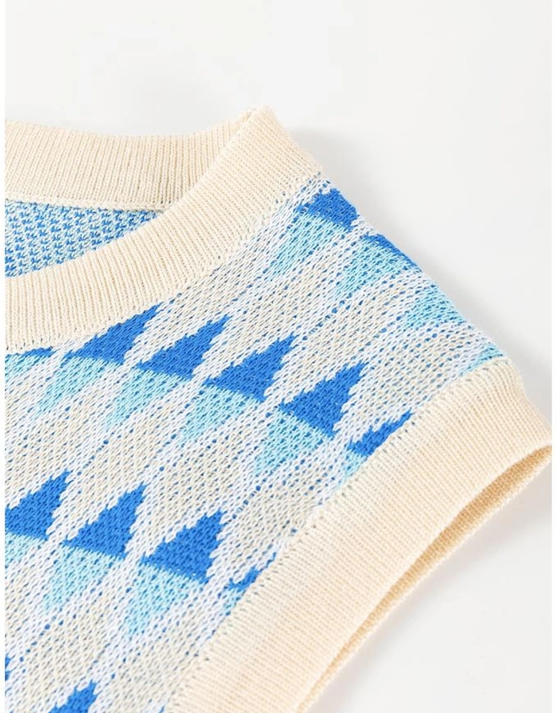 Sky Blue Stripe Geometric Print Round Neck Slim Fit Sweater Vest