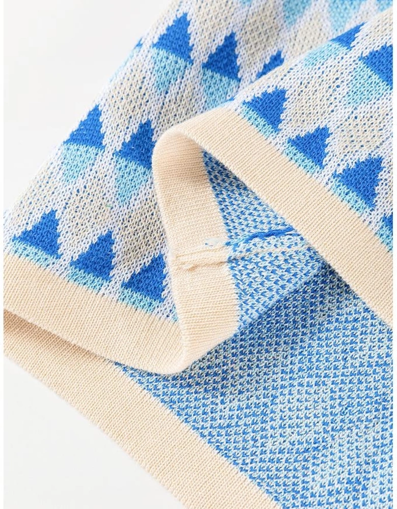 Sky Blue Stripe Geometric Print Round Neck Slim Fit Sweater Vest