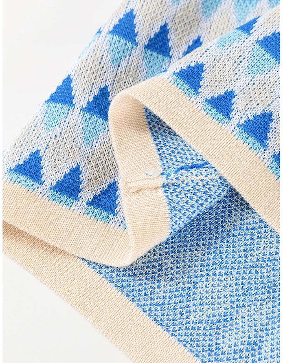 Sky Blue Stripe Geometric Print Round Neck Slim Fit Sweater Vest