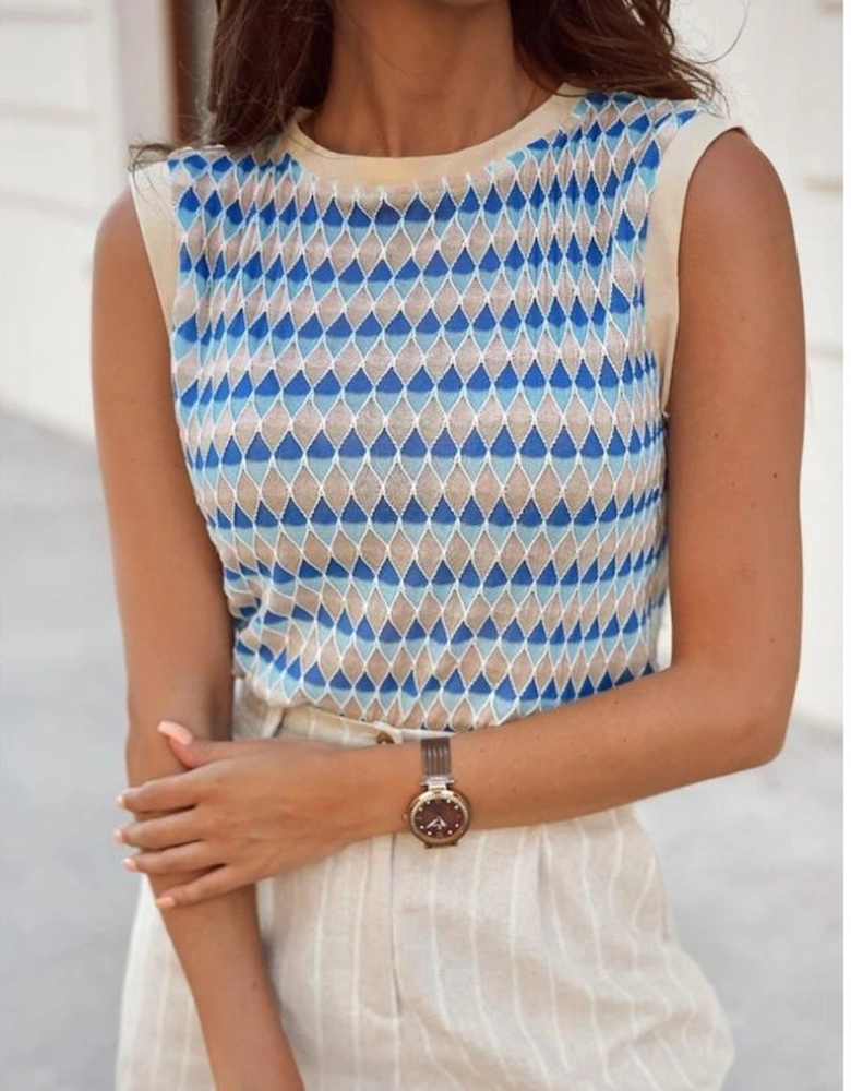 Sky Blue Stripe Geometric Print Round Neck Slim Fit Sweater Vest