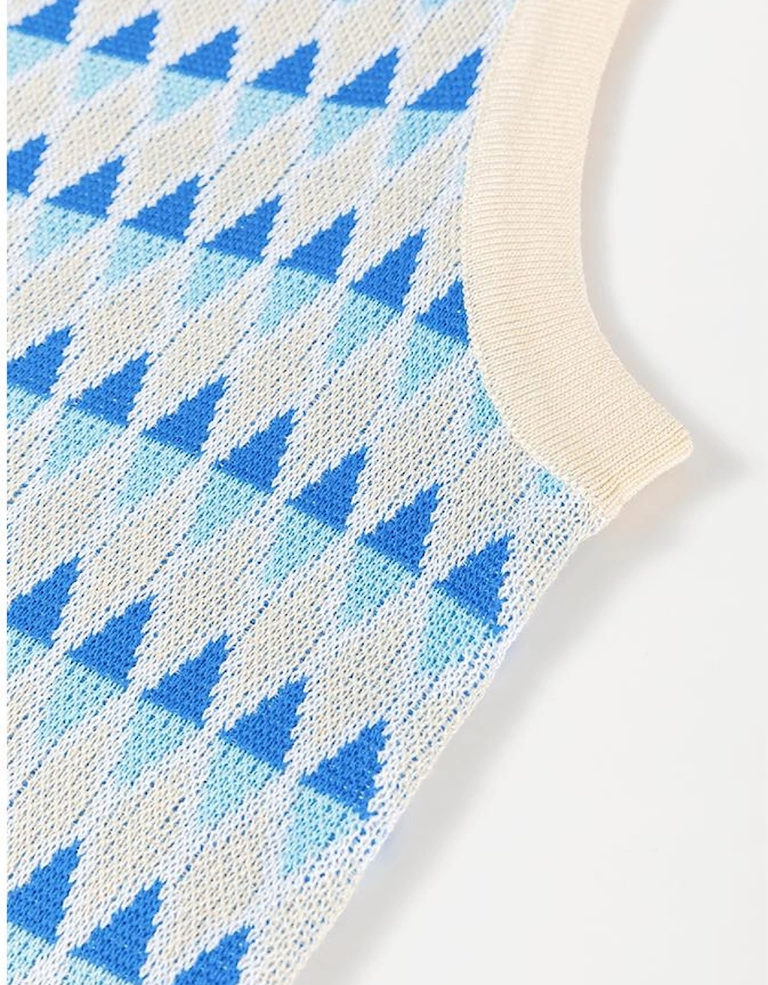 Sky Blue Stripe Geometric Print Round Neck Slim Fit Sweater Vest