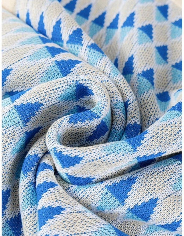 Sky Blue Stripe Geometric Print Round Neck Slim Fit Sweater Vest