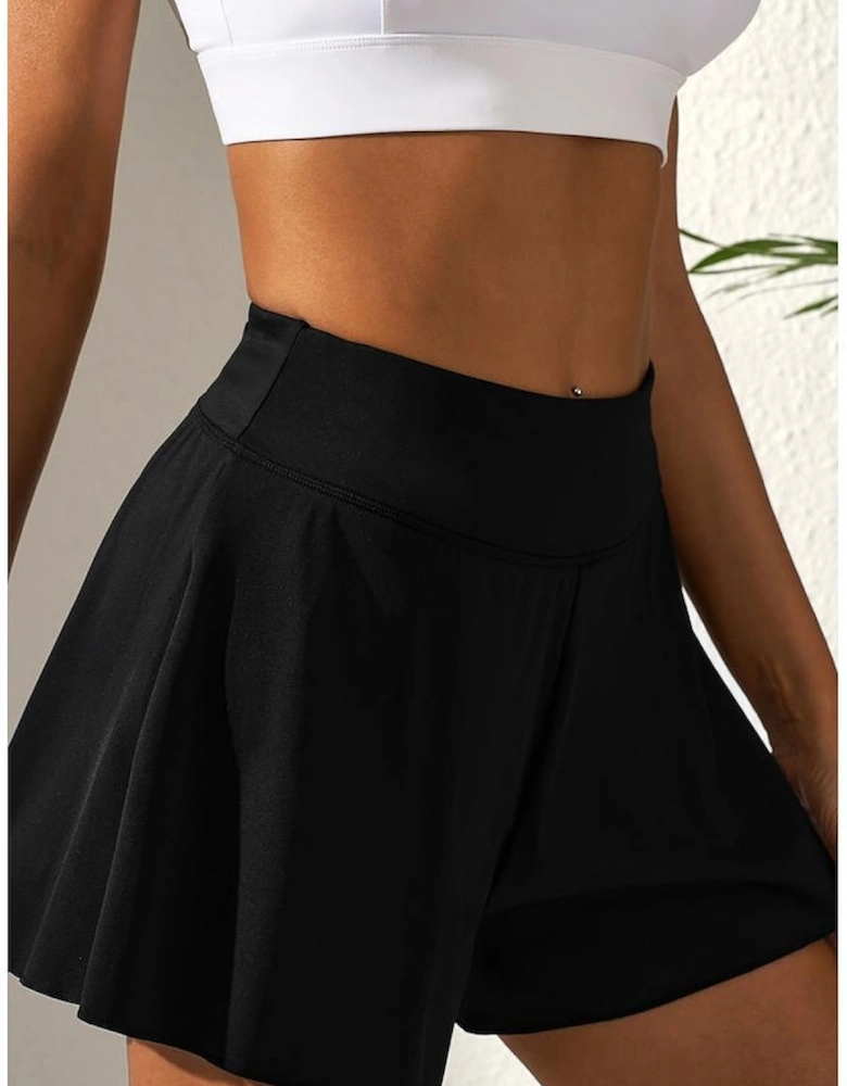 Black Solid Color High Waist Wide Leg Swim Bottom