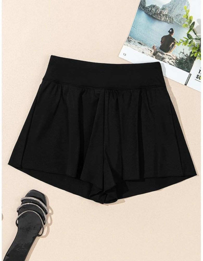 Black Solid Color High Waist Wide Leg Swim Bottom
