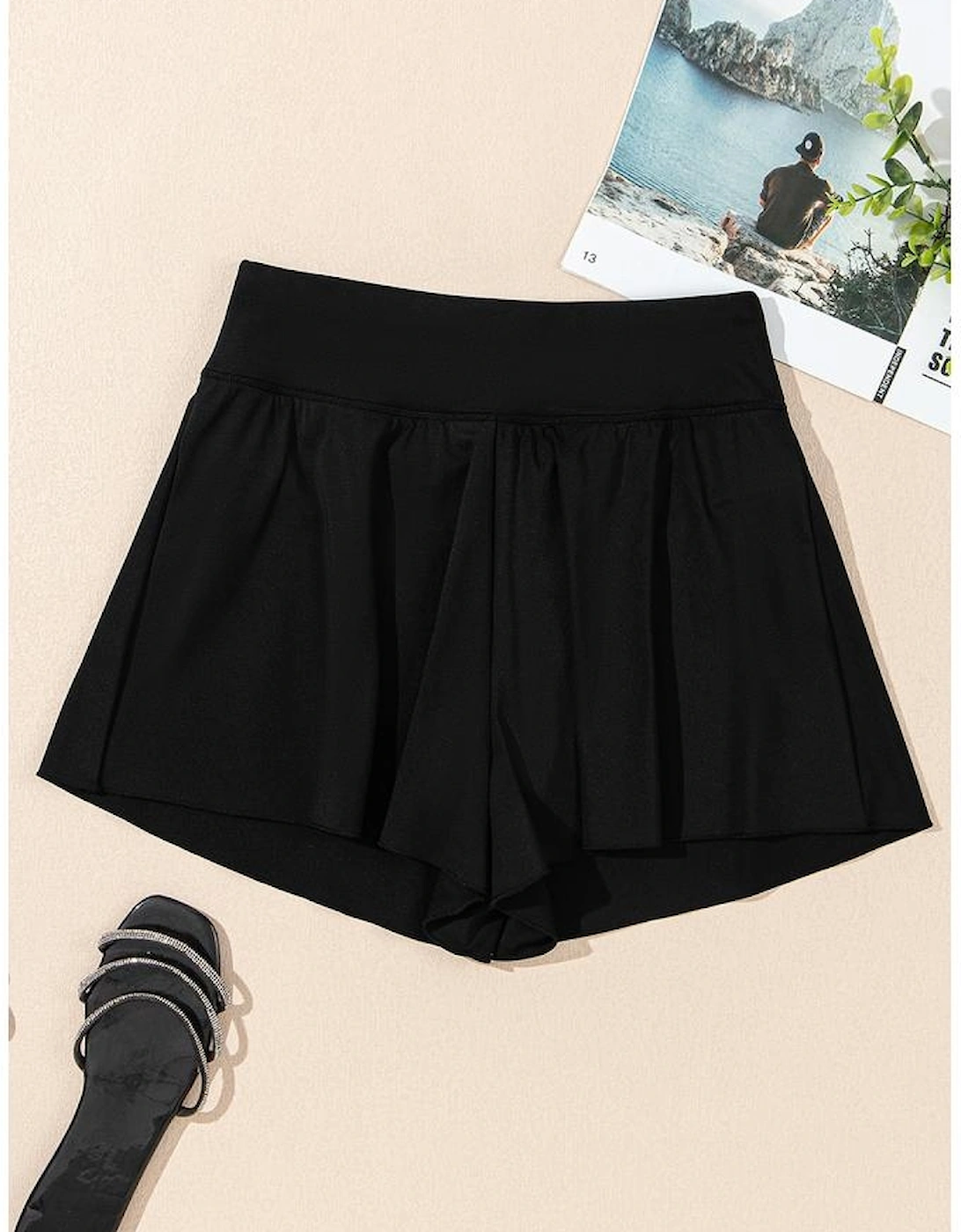 Black Solid Color High Waist Wide Leg Swim Bottom