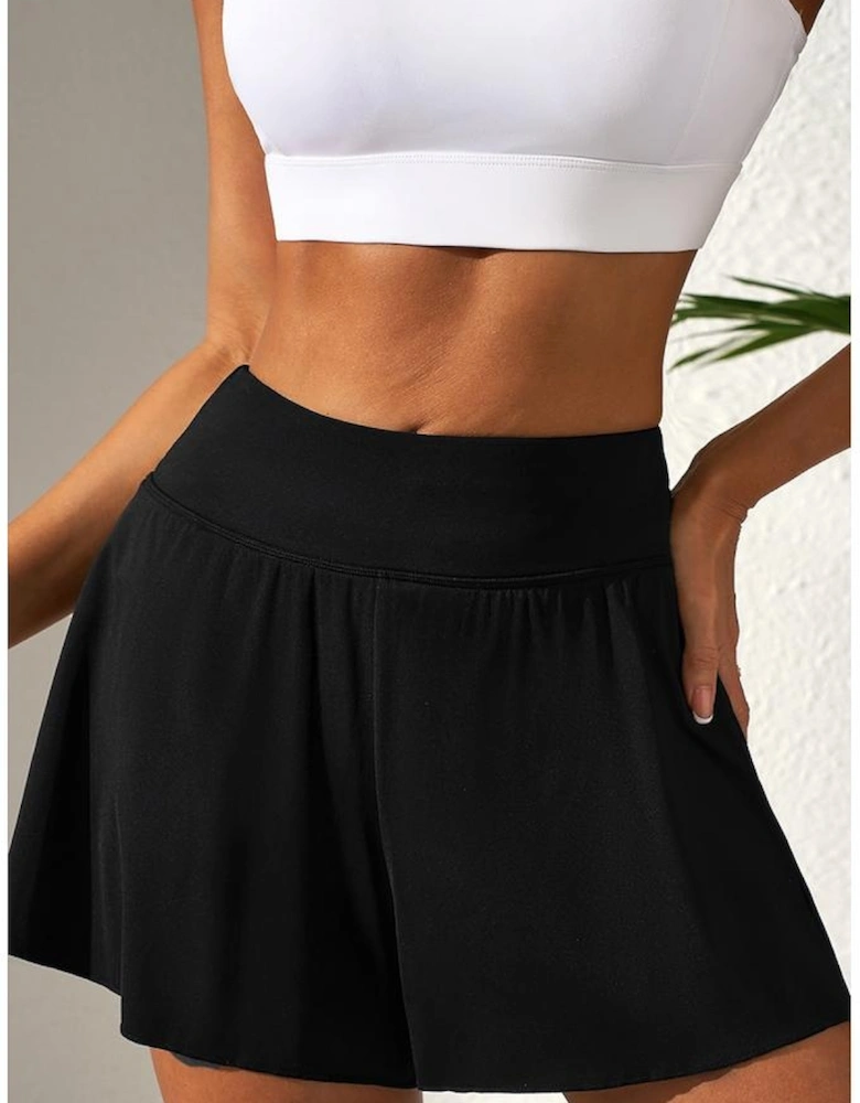 Black Solid Color High Waist Wide Leg Swim Bottom