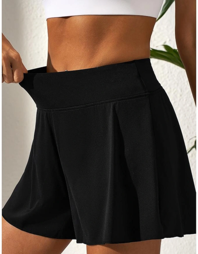 Black Solid Color High Waist Wide Leg Swim Bottom