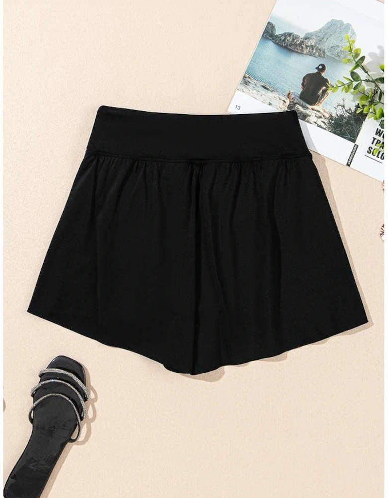 Black Solid Color High Waist Wide Leg Swim Bottom