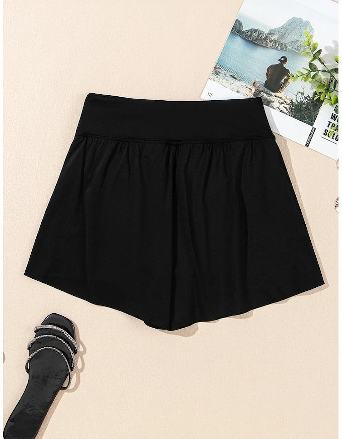 Black Solid Color High Waist Wide Leg Swim Bottom