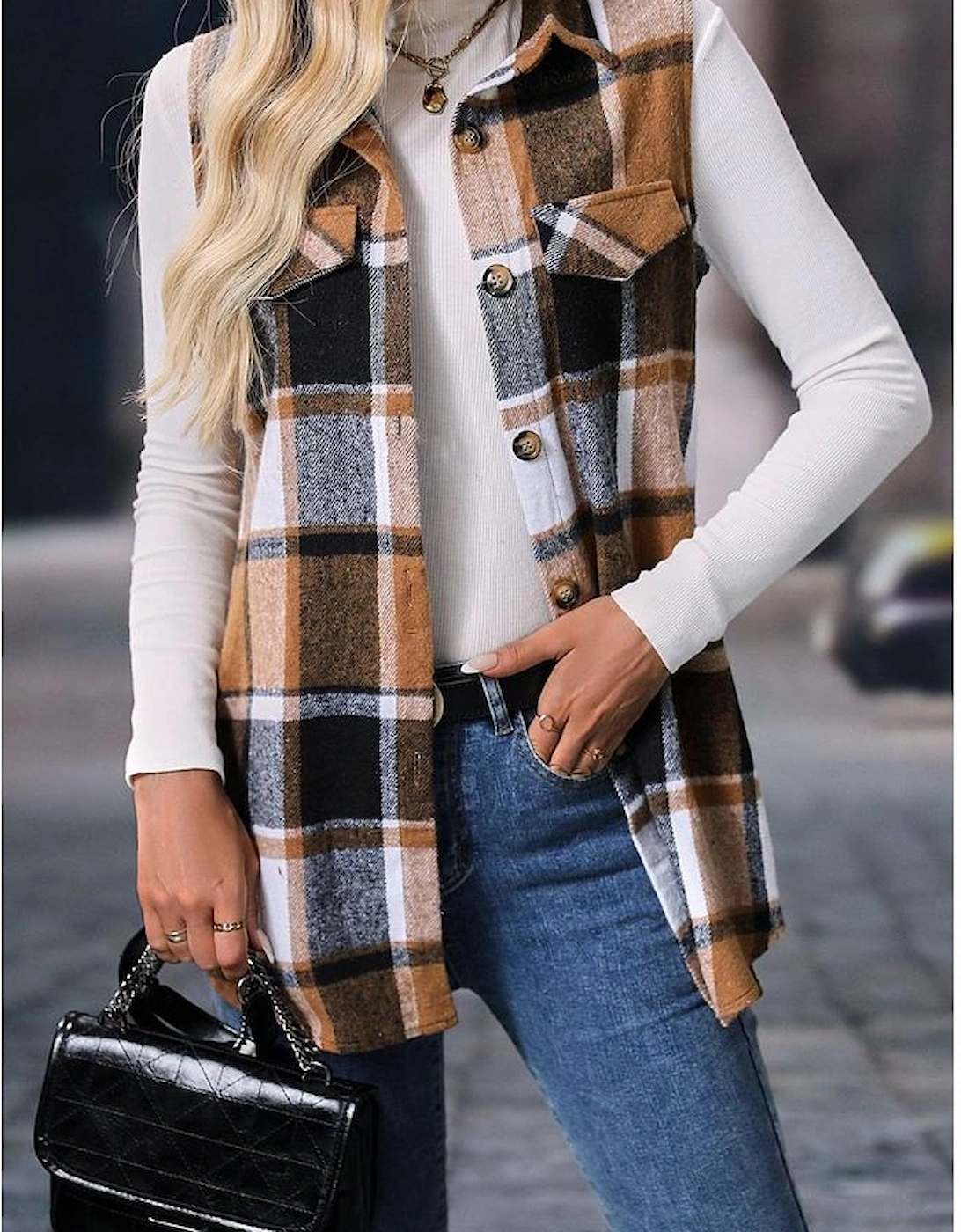 Straw Yellow Retro Plaid Button up Collared Vest, 9 of 8