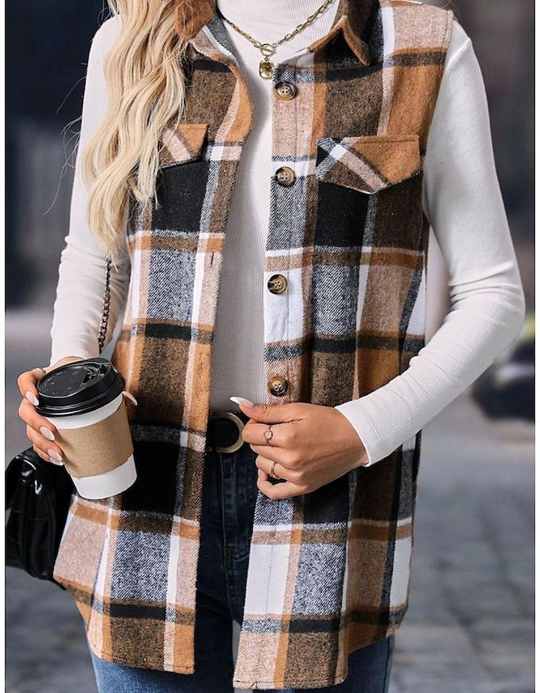 Straw Yellow Retro Plaid Button up Collared Vest