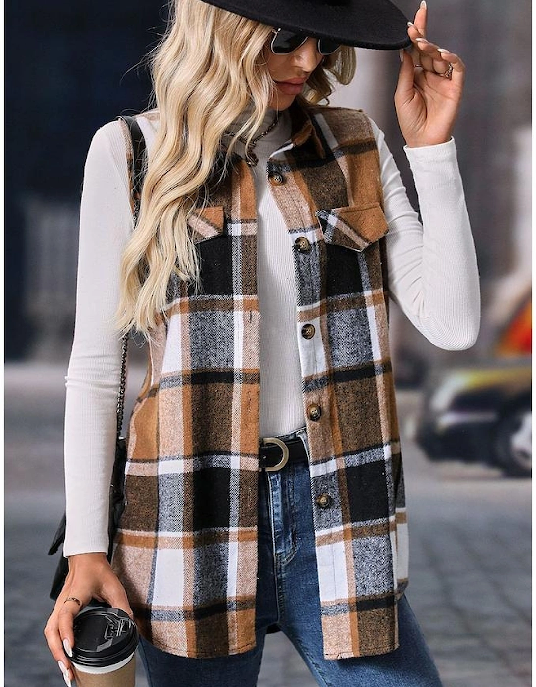 Straw Yellow Retro Plaid Button up Collared Vest