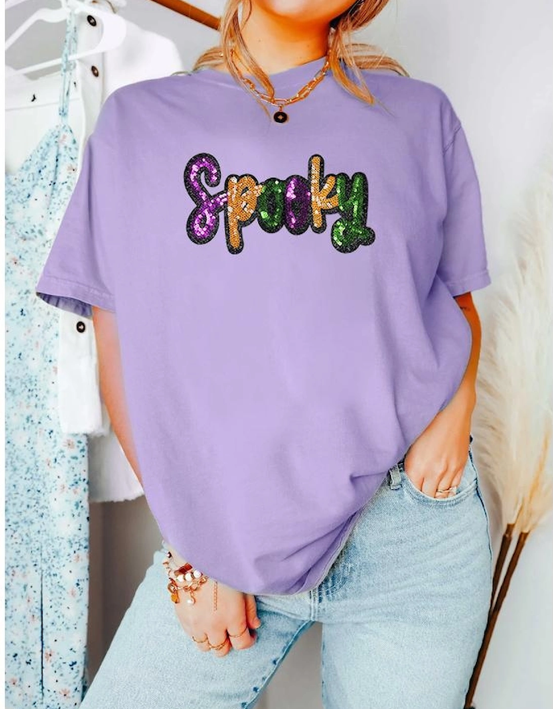 Wisteria Spooky Sequin Letter Patched Cotton Blend T Shirt, 9 of 8