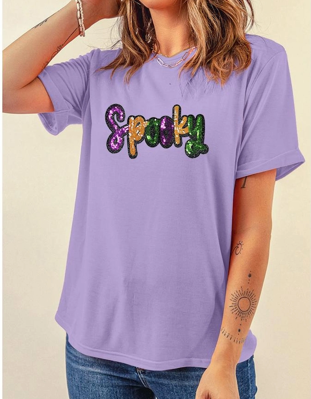 Wisteria Spooky Sequin Letter Patched Cotton Blend T Shirt