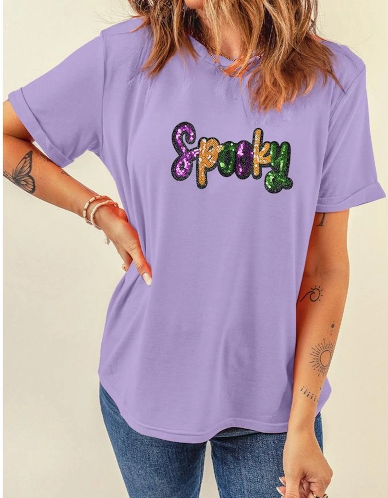 Wisteria Spooky Sequin Letter Patched Cotton Blend T Shirt