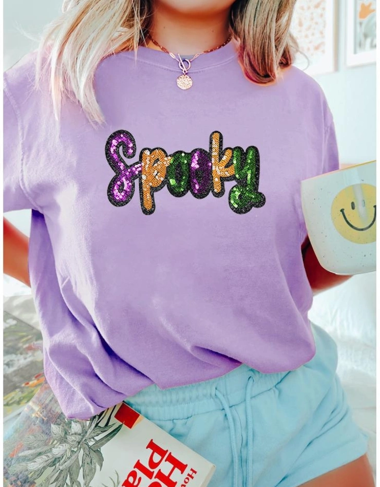 Wisteria Spooky Sequin Letter Patched Cotton Blend T Shirt